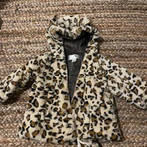 Furry leopard print zip front jacket with ears for toddler girls